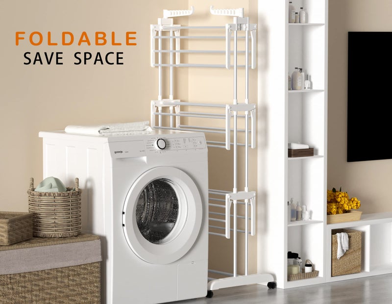 HOMIDEC Clothes Drying Rack, Large 4-Tier Foldable Drying Rack Clothing(67.7H x 19.7W x 30L Inches), Movable with 4 Castors. Multifunctional Stainless Steel Laundry Drying Rack, White - Image 4
