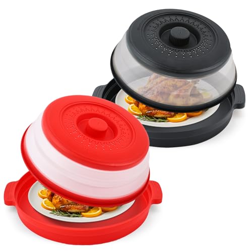 Saebume Microwave Splatter Cover for Food with Antiscald Base PlateLarge Plastic Silicone Vented Avoid Scalding Collapsible Guard Lid Plate Holder Kitchen Colander for Meal Prep107 Inch 2 Pcs BRed - Image 1