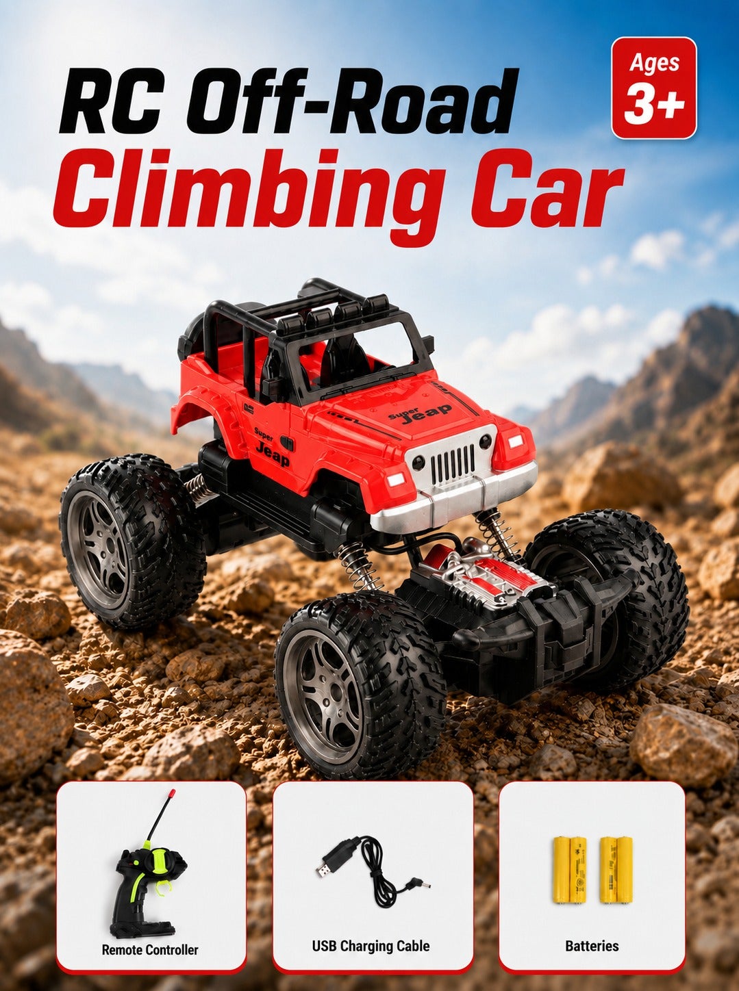 Remote Control Car, Red RC Car High Speed for Kids, 27MHz Offroad Monster Truck, RC Jeep-Style Climbing Car with Big Rugged Wheels, Shock Absorption Springs, Forward Backward Left Right Control, Rechargeable Battery & USB Charging, Ages 3+
