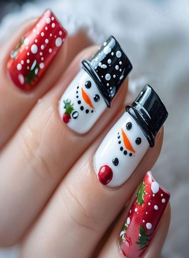 Cjdlts Christmas Press On Nails Medium Artificial Square Acrylic False Nails 3D Snowman With Christmas Trees Design Stick On Nail Full Cover Reusable Coffin Xmas Artificial Fingernails For Women