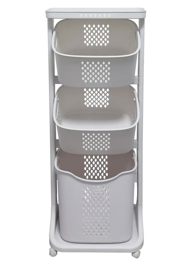 DubaiGallery Multipurpose Sorter Basket, 3-Tier Laundry Basket with Wheel Rolling Laundry Sorter Hamper for Kitchen Bedroom Baedroom Bathroom, Tier Basket Stand with 6 Side Hooks Storage Shelf  - Image 2