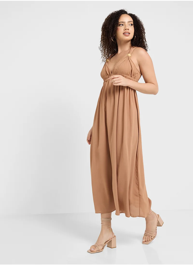 جينجر Plunge Neck A Line Pleated Dress