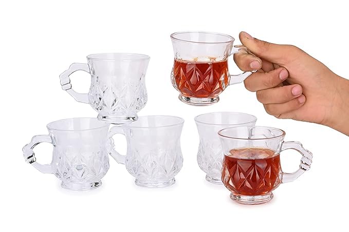 WRINGO 300 ML Crystal Clear Classic Design Glass Tea Cup with Convenient Solid Handle Mug for Tea Coffee Beer Espresso and Cappuccino Vintage Tea Cup 300 ML 6 - Image 1