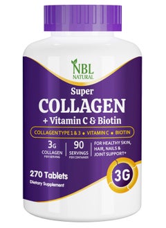 NBL Natural Super Collagen Tablets – 270 Tablets – Collagen Type 1 & 3 with Vitamin C & Biotin – 3g Per Serving – Supports Hair, Skin, Nails & Joint Health – 90 Servings  - Image 1