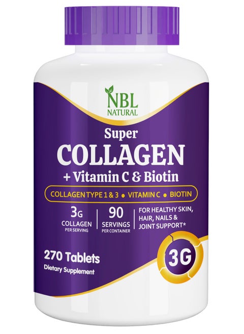 Super Collagen Tablets – 270 Tablets – Collagen Type 1 & 3 with Vitamin C & Biotin – 3g Per Serving – Supports Hair, Skin, Nails & Joint Health – 90 Servings