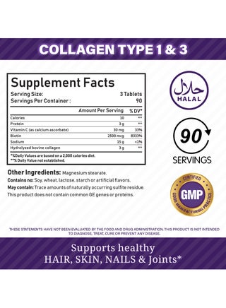 Super Collagen Tablets – 270 Tablets – Collagen Type 1 & 3 with Vitamin C & Biotin – 3g Per Serving – Supports Hair, Skin, Nails & Joint Health – 90 Servings - view 4