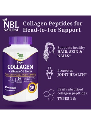Super Collagen Tablets – 270 Tablets – Collagen Type 1 & 3 with Vitamin C & Biotin – 3g Per Serving – Supports Hair, Skin, Nails & Joint Health – 90 Servings - view 5
