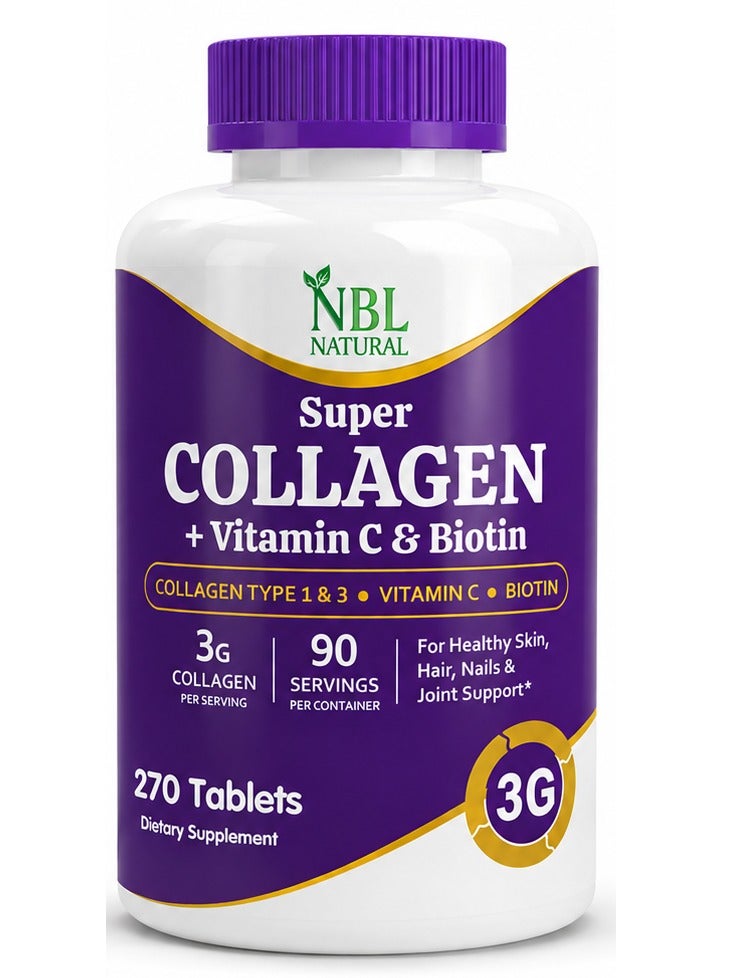 Super Collagen Tablets – 270 Tablets – Collagen Type 1 & 3 with Vitamin C & Biotin – 3g Per Serving – Supports Hair, Skin, Nails & Joint Health – 90 Servings