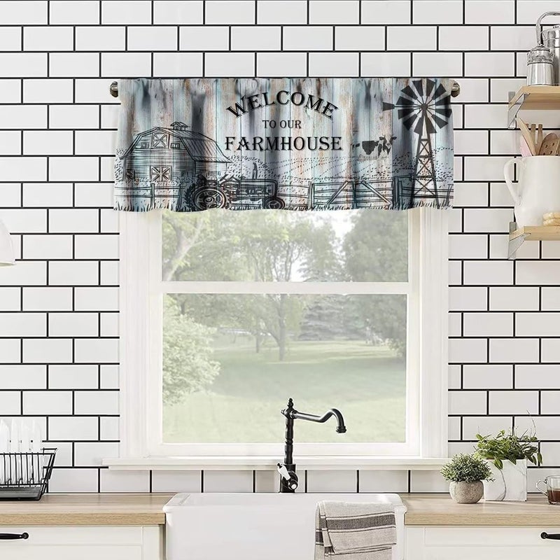 JanJCurt Janjcurt Farmhouse Valances for Windows Rustic Farm Animal Cow Vintage Western Farm Windmill Barn Print Startain Window Window for Living Room Kitchen 54x18in  - Image 2