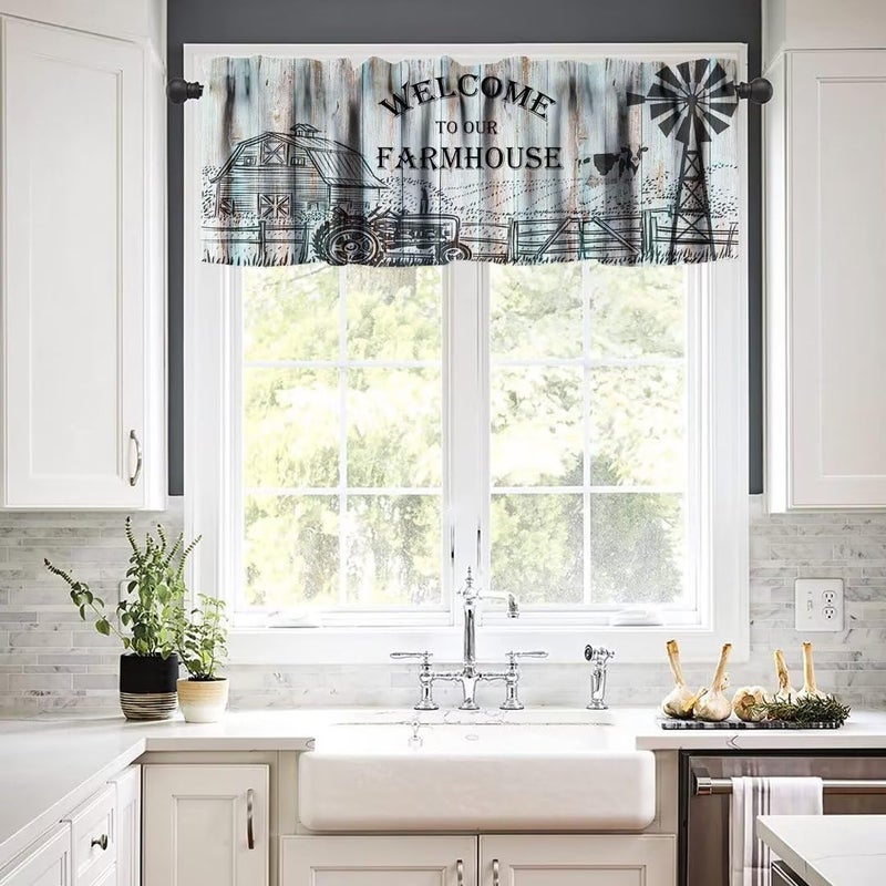 JanJCurt Janjcurt Farmhouse Valances for Windows Rustic Farm Animal Cow Vintage Western Farm Windmill Barn Print Startain Window Window for Living Room Kitchen 54x18in  - Image 4