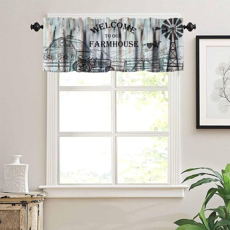 JanJCurt Janjcurt Farmhouse Valances for Windows Rustic Farm Animal Cow Vintage Western Farm Windmill Barn Print Startain Window Window for Living Room Kitchen 54x18in  - Image 3