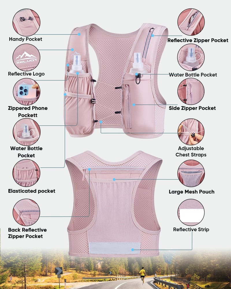 Zelvot Running Vest for Women Men, USA Original Patent, Adjustable Chest Straps Running Hydration Vest with 500ml Soft Flask, Lightweight Reflective Hydration Backpack for Hiking Marathon (Pink, M/L) - Image 5