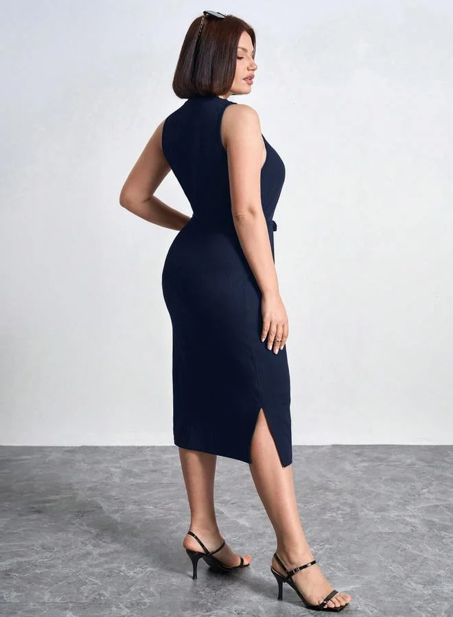 Take Two Black Plus Textured Sleeveless Bodycon midi Dress with Belt