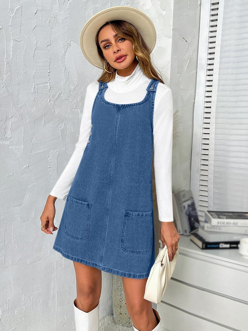 BZB Women's Sleeveless Casual Denim Dress Crewneck Vintage Loose Overall Mini Dress with Pockets - Image 4