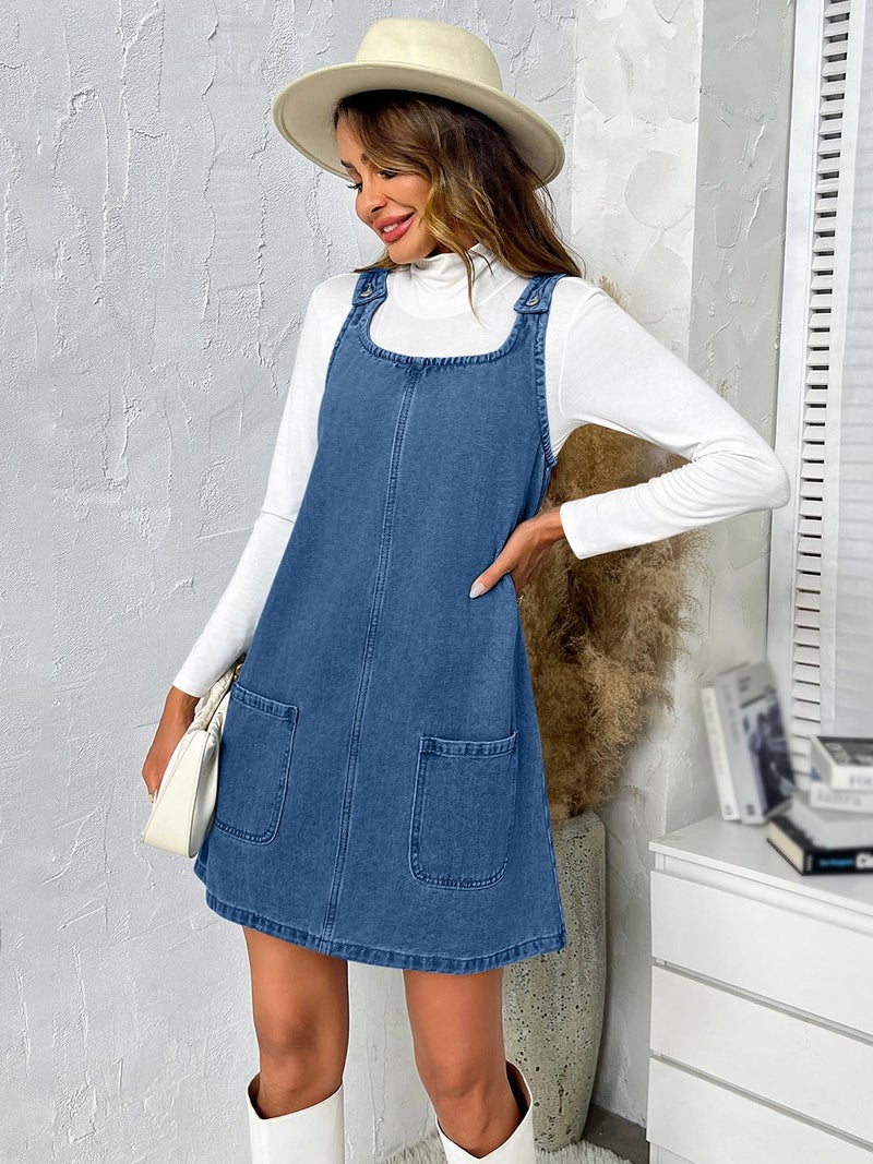 BZB Women's Sleeveless Casual Denim Dress Crewneck Vintage Loose Overall Mini Dress with Pockets - Image 3