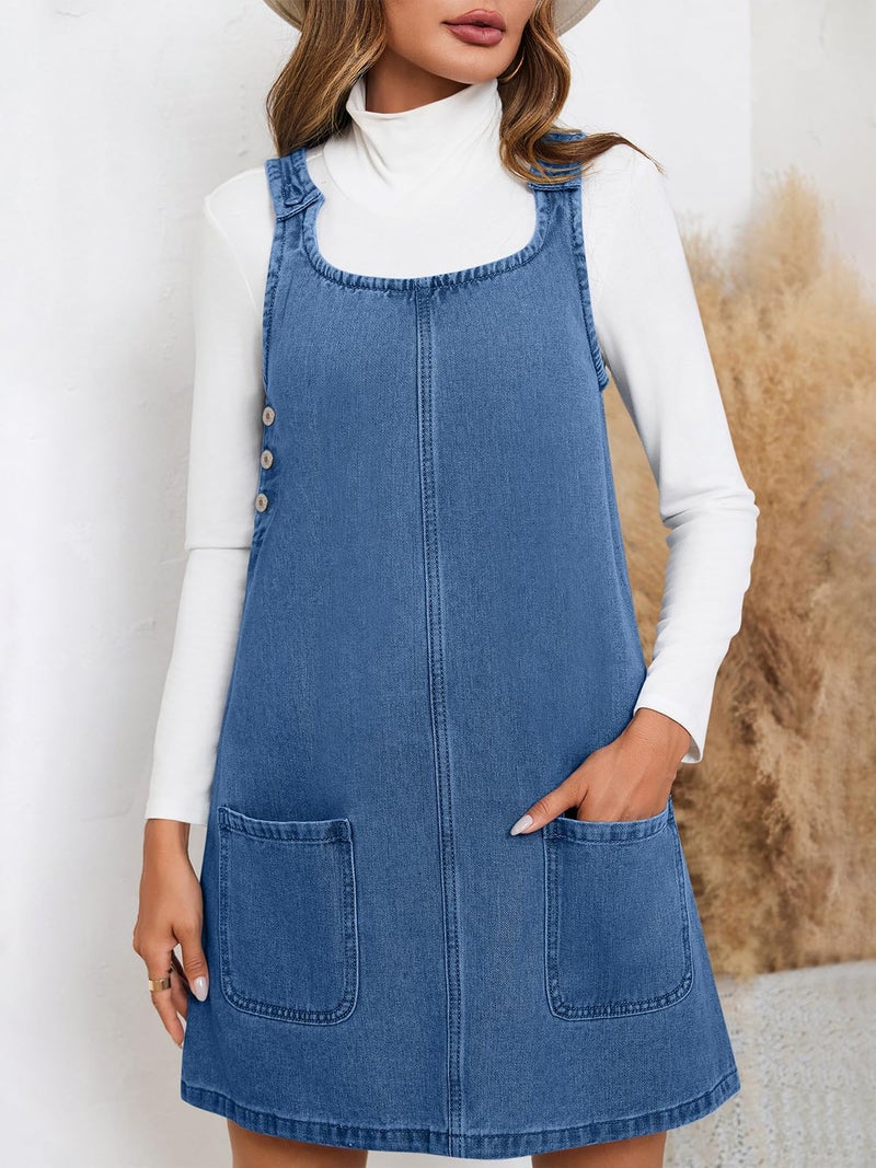 BZB Women's Sleeveless Casual Denim Dress Crewneck Vintage Loose Overall Mini Dress with Pockets - Image 2