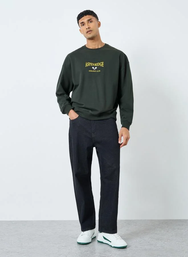 Styli Styli Dark Green Embroidered Oversized Sweatshirt