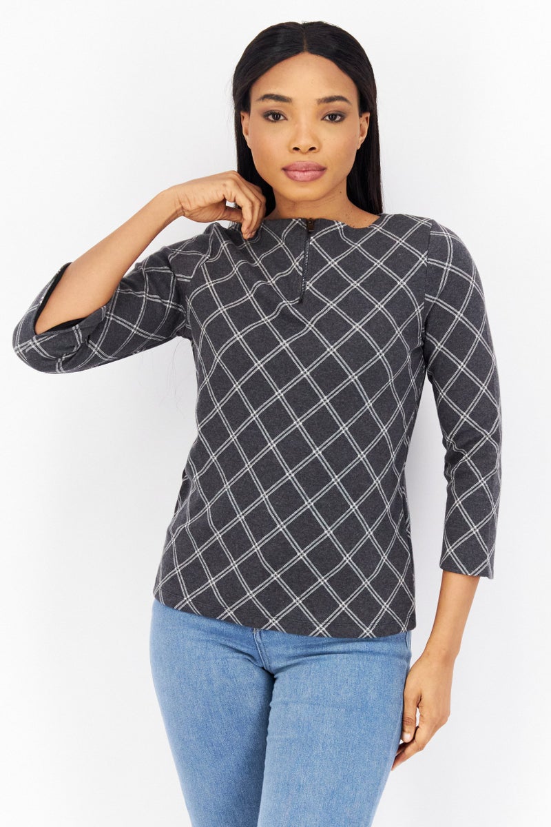 Zero Women Round Neck Long Sleeves Stripe Top, Grey Combo - Image 1