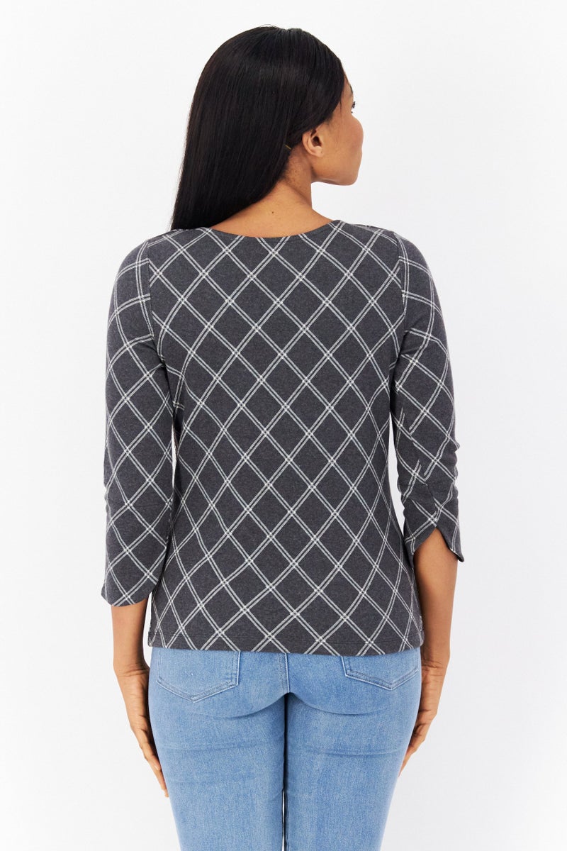 Zero Women Round Neck Long Sleeves Stripe Top, Grey Combo - Image 3