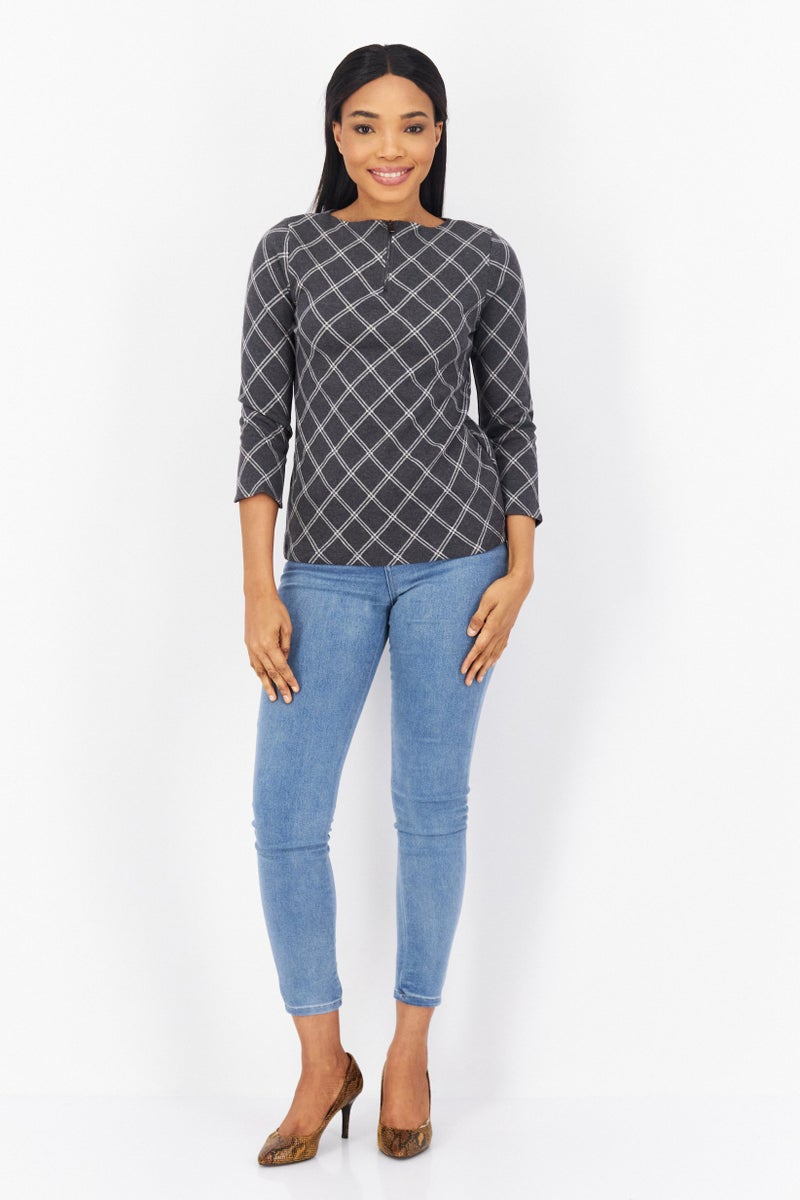 Zero Women Round Neck Long Sleeves Stripe Top, Grey Combo - Image 4