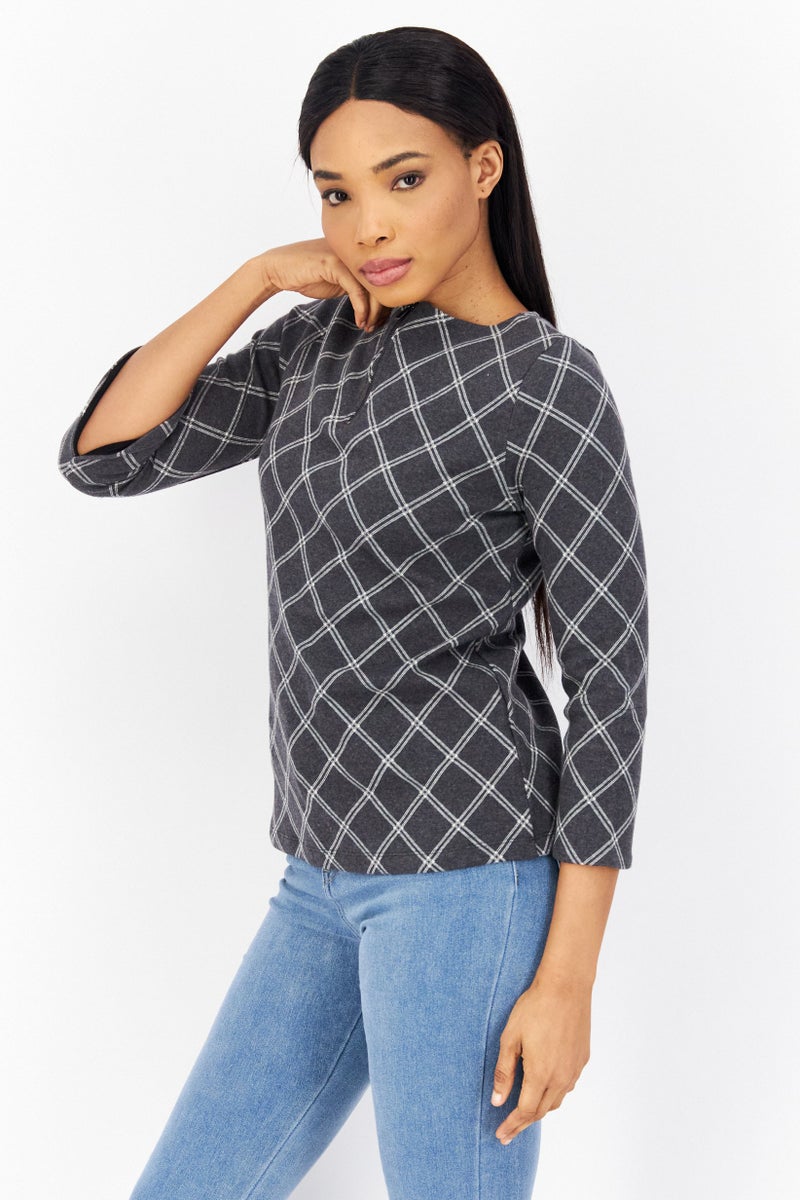 Zero Women Round Neck Long Sleeves Stripe Top, Grey Combo - Image 2