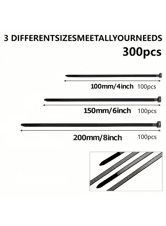 300 Pcs Black Nylon Cable Ties Self Locking Straps 4 6 8 Inches for Home Organization - Image 5