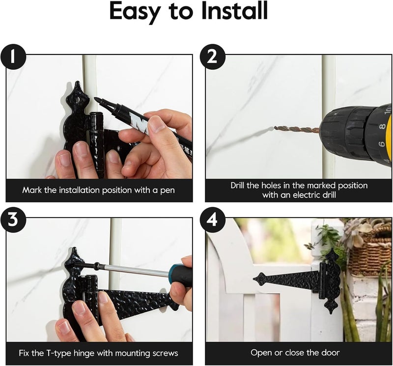 Wellmade Black Gate Hinges,6 in Decorative Hammered Steel T Hinges,Outdoor Tee Hinges for Shed Storage Fence Barns Doors (6 Pack) - Image 4