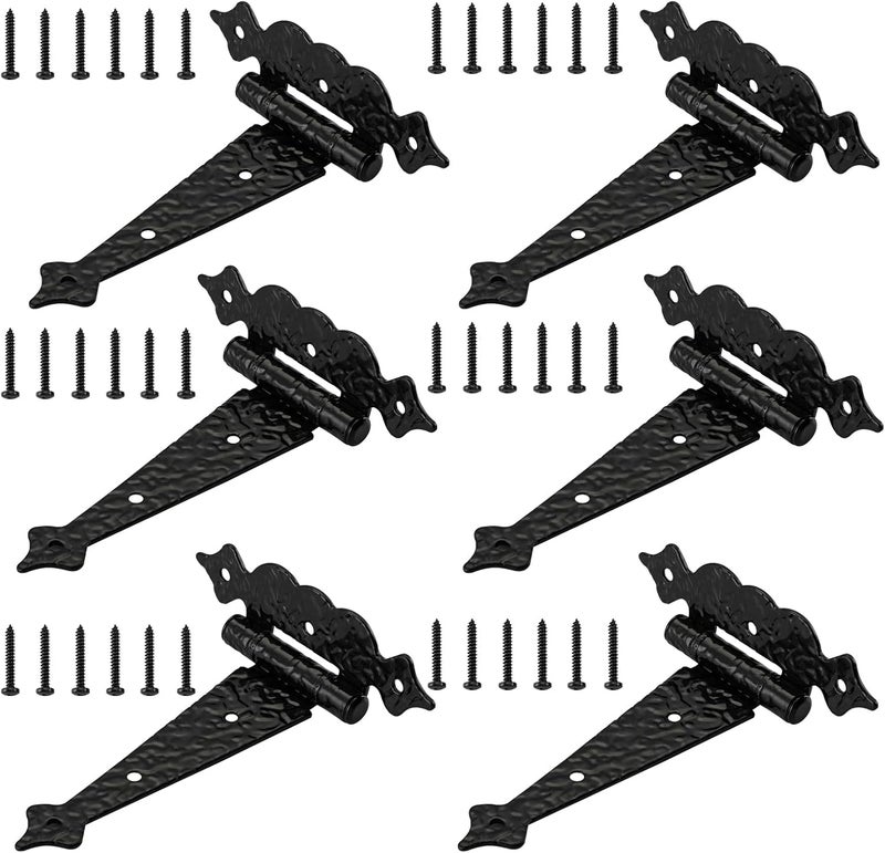 Wellmade Black Gate Hinges,6 in Decorative Hammered Steel T Hinges,Outdoor Tee Hinges for Shed Storage Fence Barns Doors (6 Pack) - Image 1