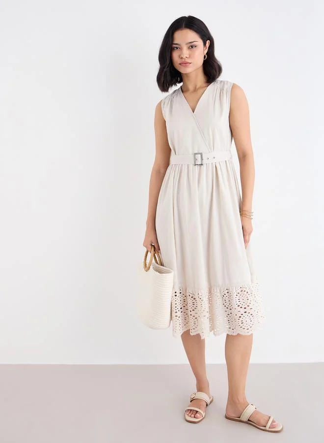 Styli Beige Schiffli Hem Midi Dress