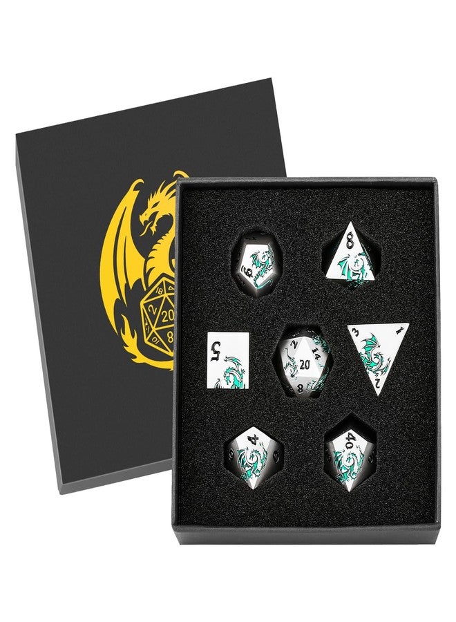 DND DADO Metal Dice Set, Flat Face White Green Dragon Pattern, 7pcs Polyhedral Metal DND Dice Set, DND Starter Set, D&D Gifts with Gift Box, Role Playing Board Games Accessories, White - Image 1