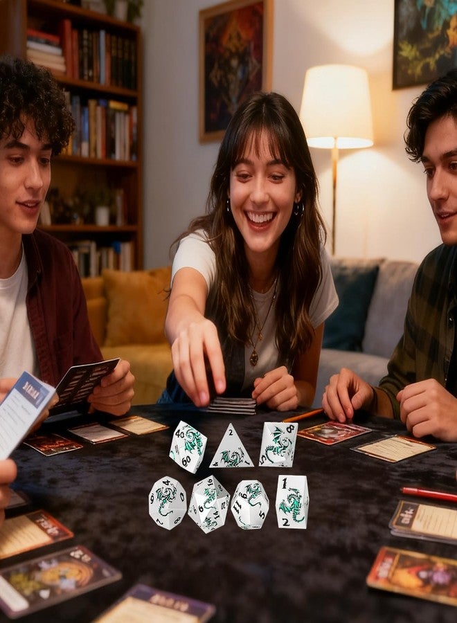 DND DADO Metal Dice Set, Flat Face White Green Dragon Pattern, 7pcs Polyhedral Metal DND Dice Set, DND Starter Set, D&D Gifts with Gift Box, Role Playing Board Games Accessories, White - Image 5