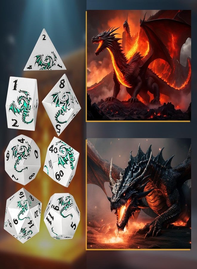 DND DADO Metal Dice Set, Flat Face White Green Dragon Pattern, 7pcs Polyhedral Metal DND Dice Set, DND Starter Set, D&D Gifts with Gift Box, Role Playing Board Games Accessories, White - Image 3