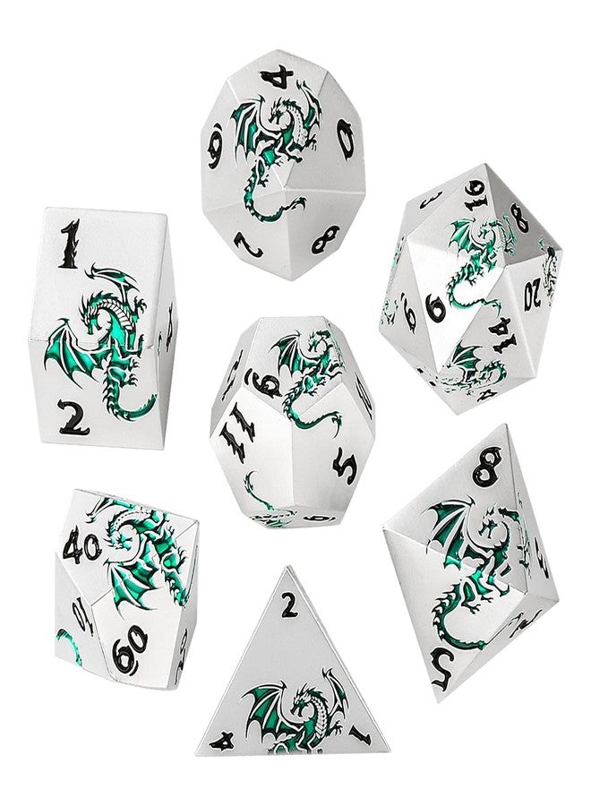 DND DADO Metal Dice Set, Flat Face White Green Dragon Pattern, 7pcs Polyhedral Metal DND Dice Set, DND Starter Set, D&D Gifts with Gift Box, Role Playing Board Games Accessories, White - Image 2