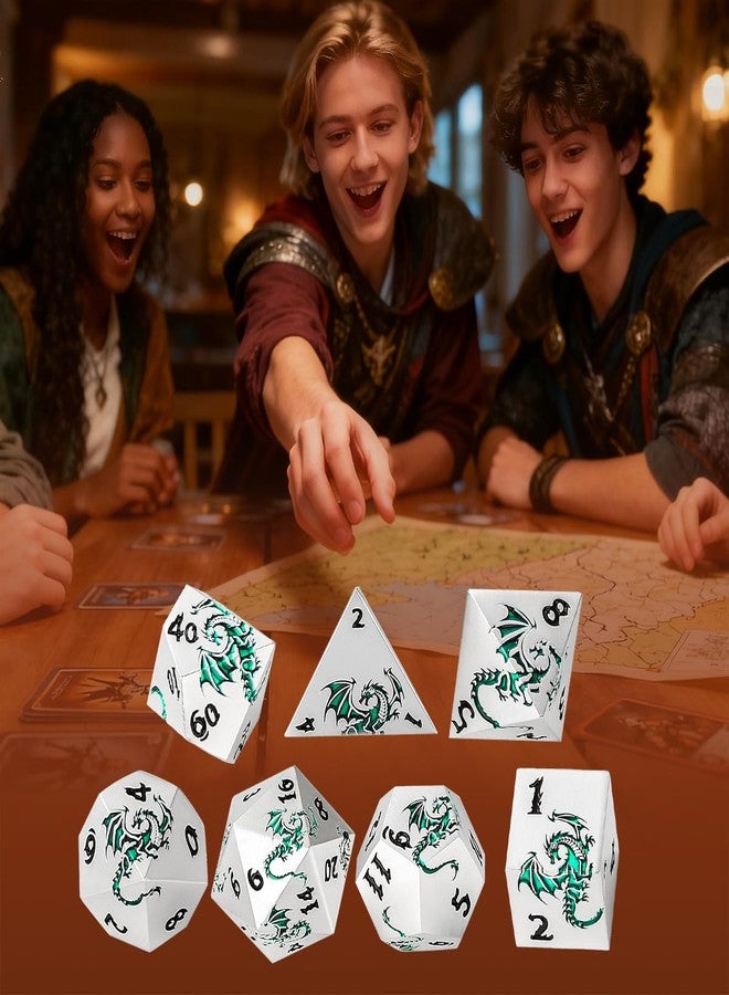 DND DADO Metal Dice Set, Flat Face White Green Dragon Pattern, 7pcs Polyhedral Metal DND Dice Set, DND Starter Set, D&D Gifts with Gift Box, Role Playing Board Games Accessories, White - Image 4