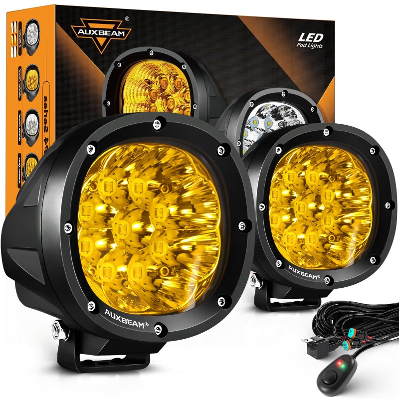 Auxbeam P4 Series LED Amber Fog Lights 4 Inch 90W Yellow Round Offroad Light Bar Spot Beam Off Road LED Pods Bumper Ditch Lights for Trucks Car Motorcycle UTV Pair