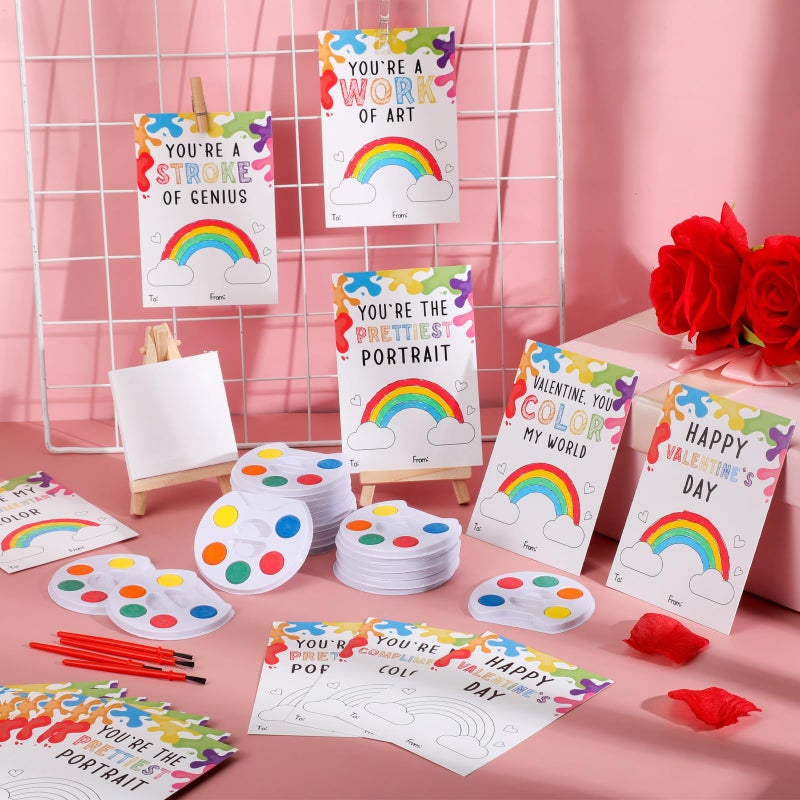 Sabary 24 Sets Valentines Party Favors for Kids Class Valentines Day Gifts Mini Watercolor Paint Set with Easel Valentine Card Painting Canvas Panel Brush for Preschool Classroom Prize Exchange - Image 5