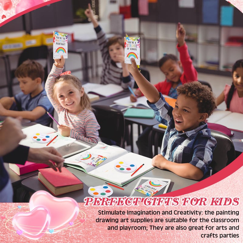 Sabary 24 Sets Valentines Party Favors for Kids Class Valentines Day Gifts Mini Watercolor Paint Set with Easel Valentine Card Painting Canvas Panel Brush for Preschool Classroom Prize Exchange - Image 4