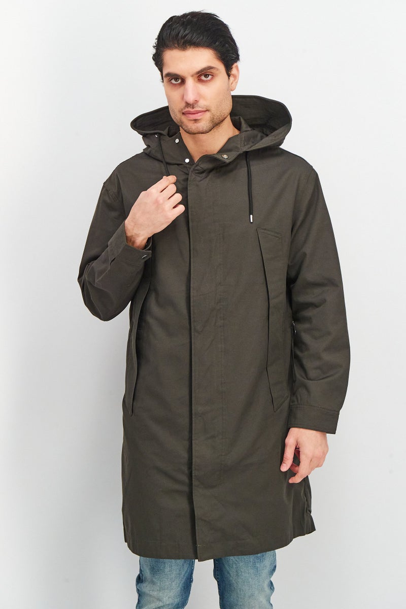 SELECTED Men Plain Parka Jacket, Dark Khaki Green  - Image 1