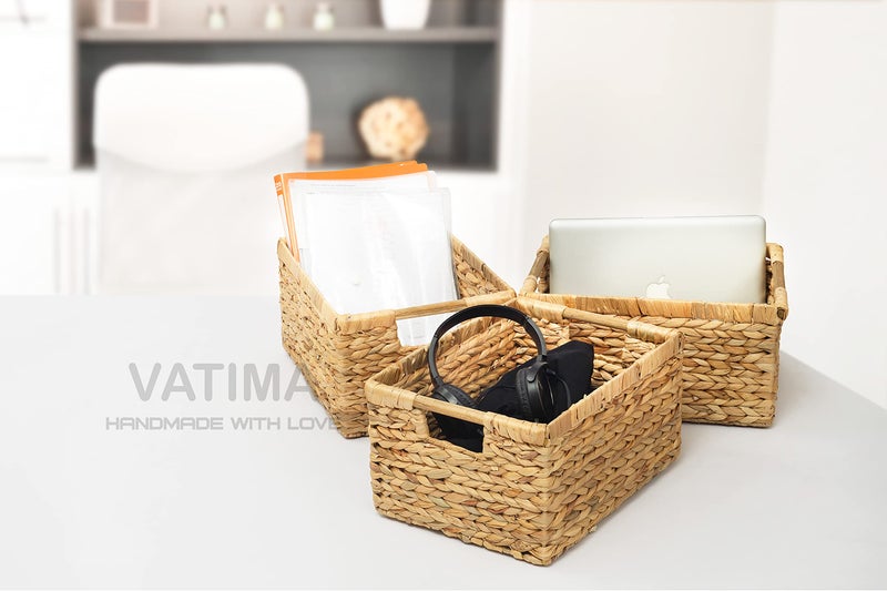 VATIMA Large Wicker Basket Rectangular with Wooden Handles for Shelves, Water Hyacinth Basket Storage, Natural Baskets for Organizing, Wicker Baskets for Storage 14.5 x 10.3 x 7.5 inches - 3 Pack - Image 4