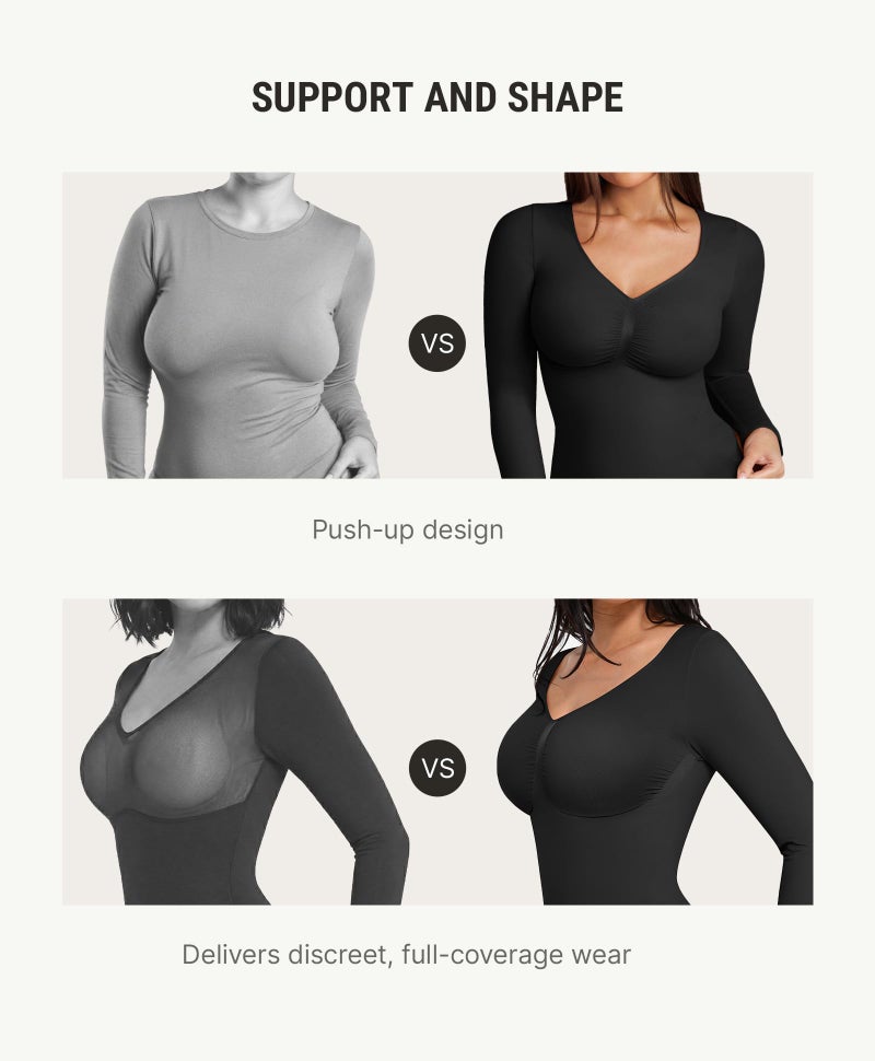 FeelinGirl Long Sleeve Body Suits Womens Basic Compression Tops for Tummy Control Bodysuits Thong Black XL - Image 4