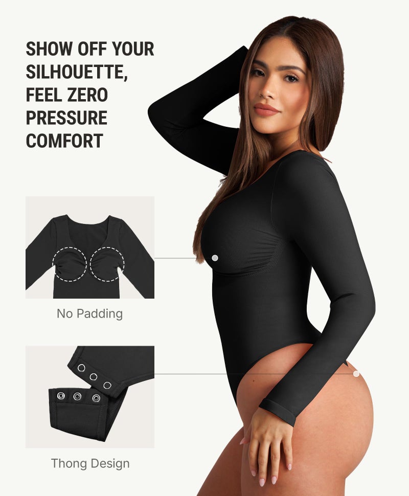 FeelinGirl Long Sleeve Body Suits Womens Basic Compression Tops for Tummy Control Bodysuits Thong Black XL - Image 2
