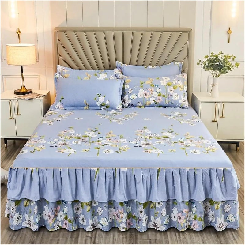Printed Floral Bed Skirt Skin-Friendly Fabric Cover Bedroom Pillow Case Bedding Protector Decor Multiple Colors Availabl(Qingshensihai,3pcs 180x220cm) - Image 1