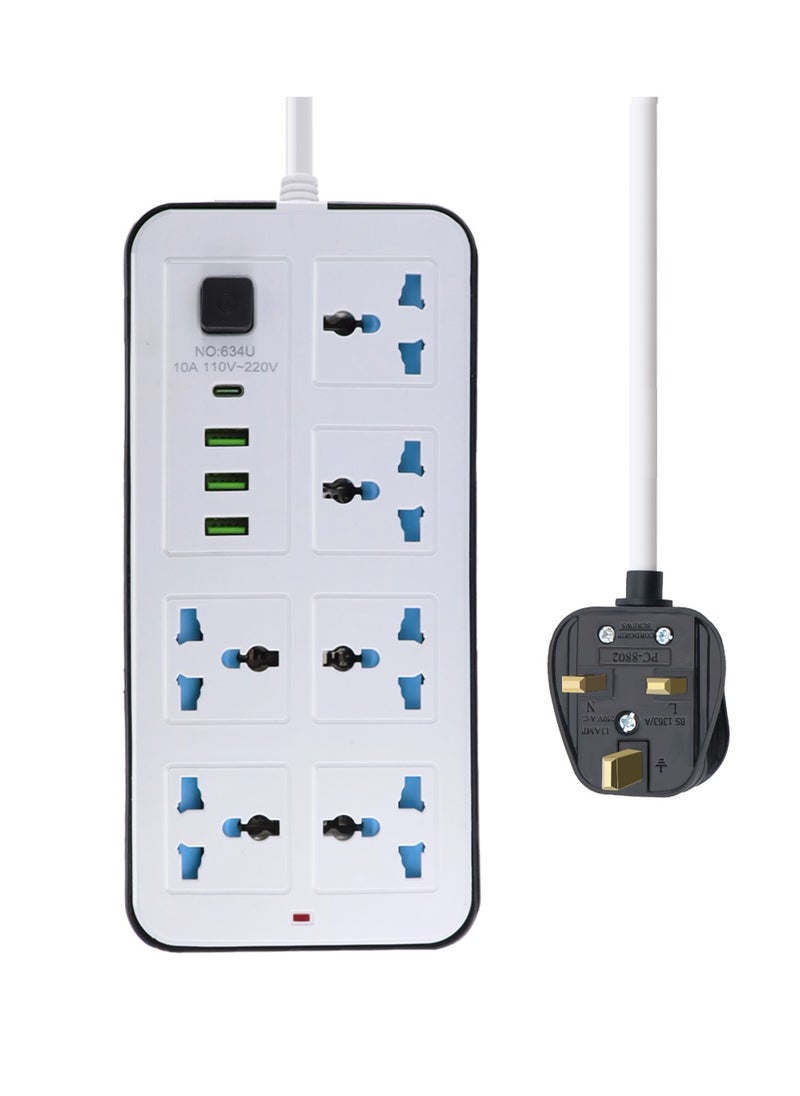 جومو ستور وصلة تمديد كهربائية عالمية بطول 2 متر – 6 منافذ ثلاثية UK، 3 منافذ USB ومنفذ Type-C – قابلة للتثبيت على الحائط، متعددة الاستخدامات للمكتب والمطبخ والمنزل  - Image 1