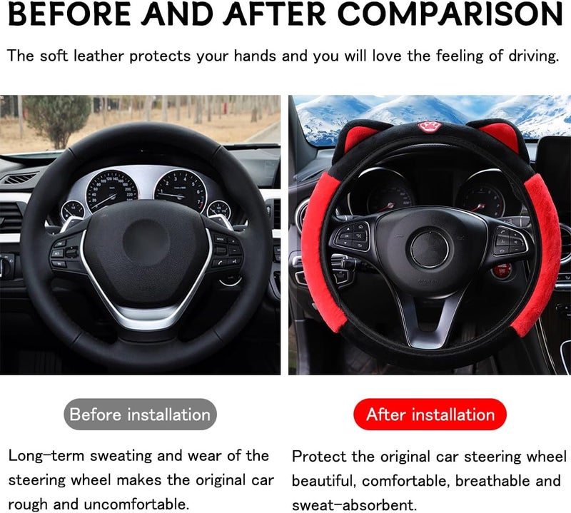 Bittwee Car Steering Wheel Cover, Fluffy Soft Plush for Winter Warm, Cute Steering Wheel Protector with Kitty Cat Ears, Universal 15 Inch, Elastic & Anti-Slip, Lovely Decor Car Accessories (Black/Red) - Image 2