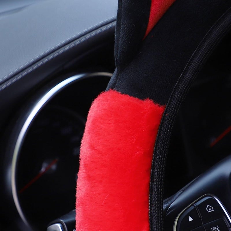 Bittwee Car Steering Wheel Cover, Fluffy Soft Plush for Winter Warm, Cute Steering Wheel Protector with Kitty Cat Ears, Universal 15 Inch, Elastic & Anti-Slip, Lovely Decor Car Accessories (Black/Red) - Image 3