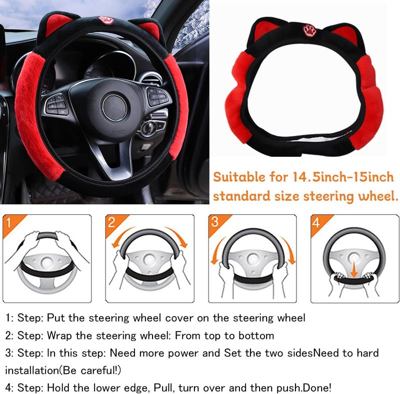 Bittwee Car Steering Wheel Cover, Fluffy Soft Plush for Winter Warm, Cute Steering Wheel Protector with Kitty Cat Ears, Universal 15 Inch, Elastic & Anti-Slip, Lovely Decor Car Accessories (Black/Red) - Image 5