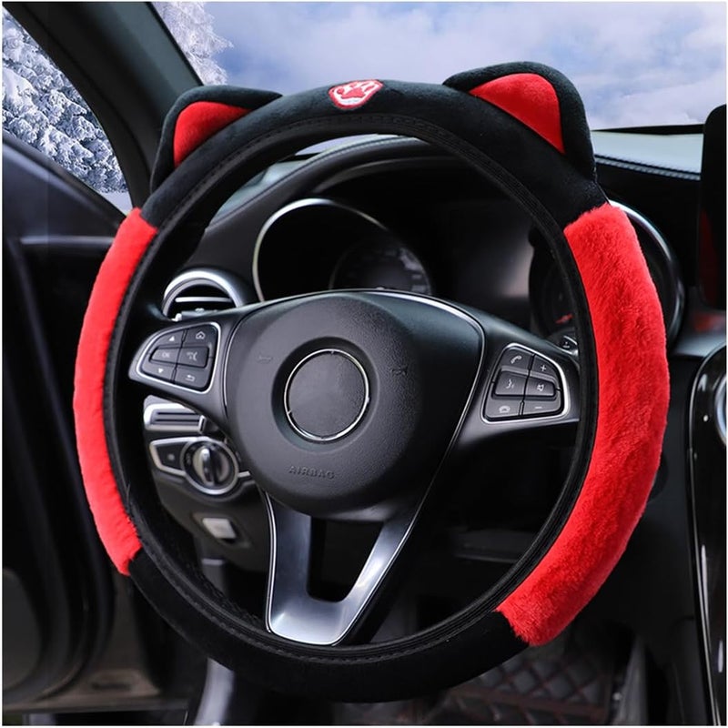 Bittwee Car Steering Wheel Cover, Fluffy Soft Plush for Winter Warm, Cute Steering Wheel Protector with Kitty Cat Ears, Universal 15 Inch, Elastic & Anti-Slip, Lovely Decor Car Accessories (Black/Red) - Image 1