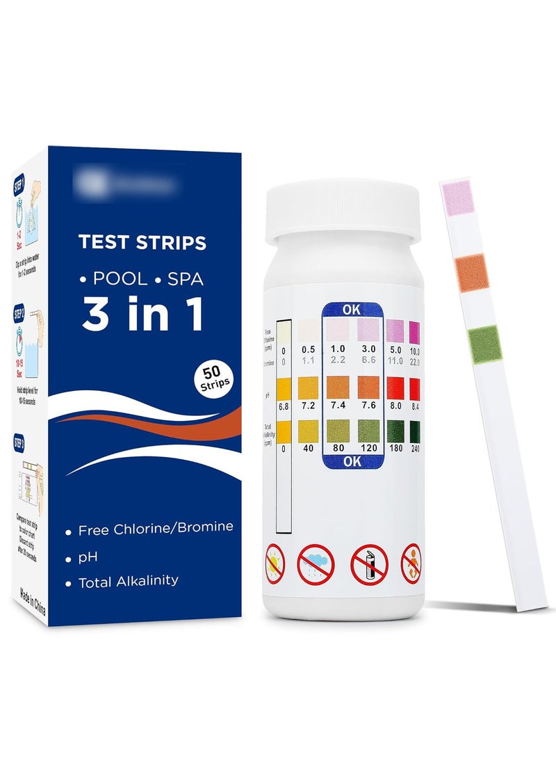 CMGTYYD Hot Tub Test Strips, 50 Strips Pool and Spa Test for pH,Total Alkalinity,Free Chlorine and Bromine, Accurate 3 in 1 Pool Water Testing Kit - Image 1
