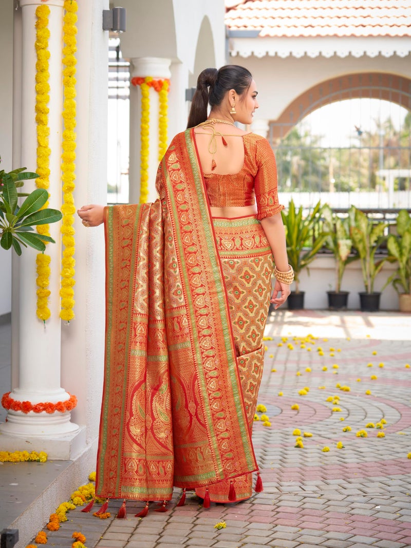 MANOHARI Women's Most Trendy Banarasi Woven Orange Saree With Heavy Jacquard Work Saree With Blouse Piece - Image 4