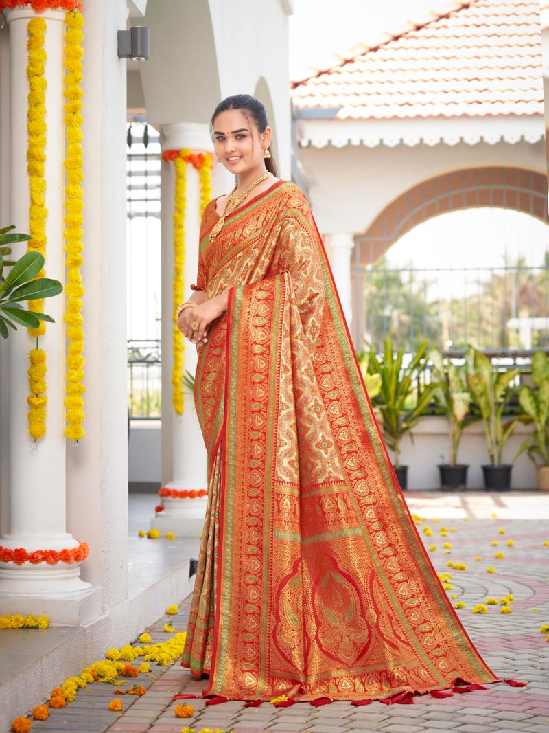 MANOHARI Women's Most Trendy Banarasi Woven Orange Saree With Heavy Jacquard Work Saree With Blouse Piece - Image 3